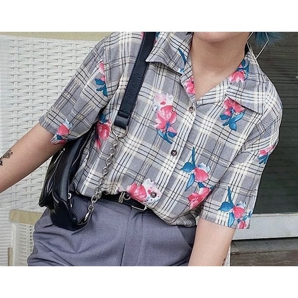 Floral Plaid Button Down Shirt - Cottagecore Hawaiian Style Top - Picture 4 of 4